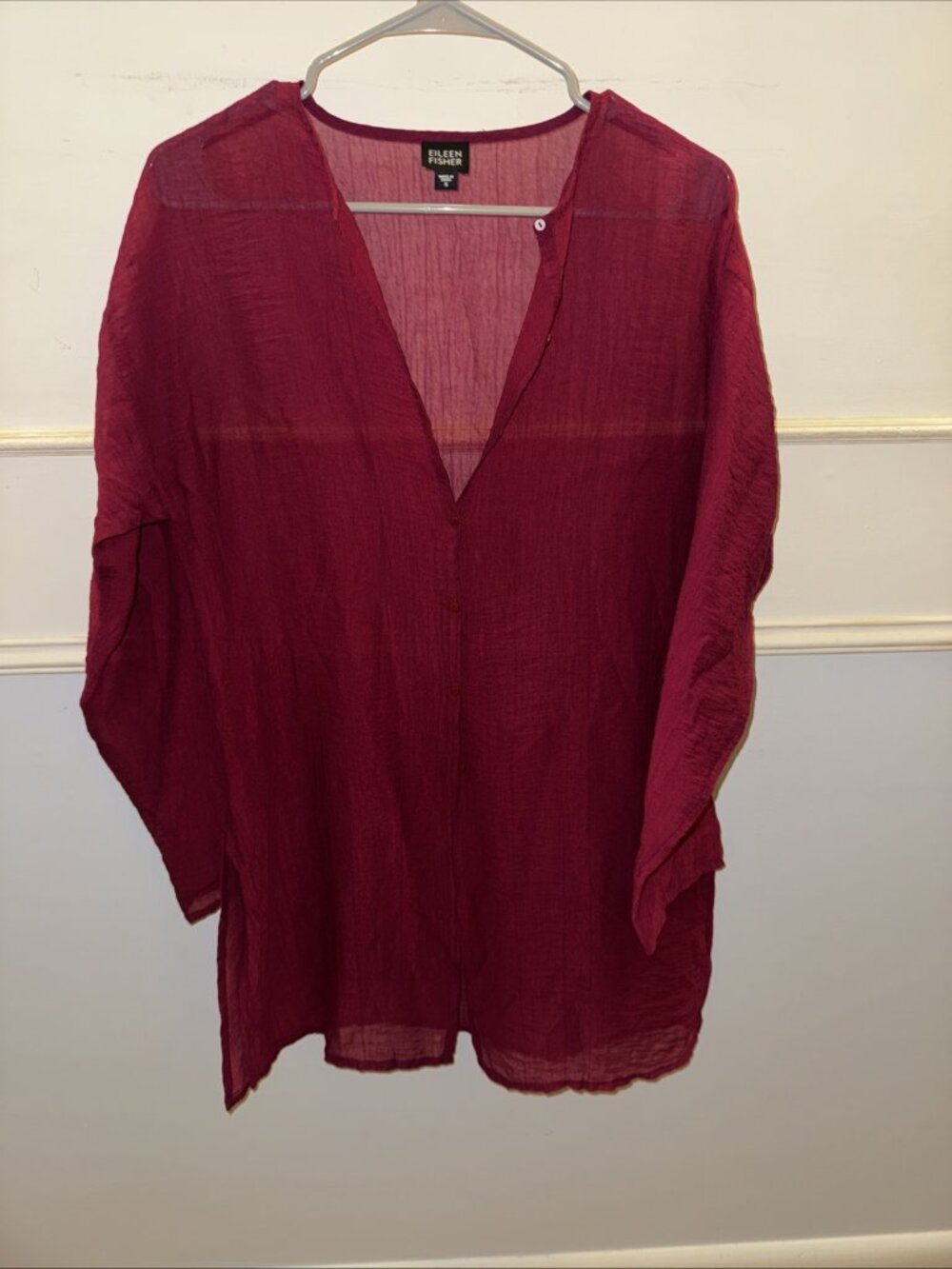 Artsy Eileen Fisher Raspberry Red Sheer Crinkle Button Front Tunic Small